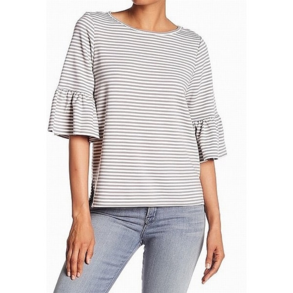 Max Studio Gray/White Striped Ruffle Sleeve Top